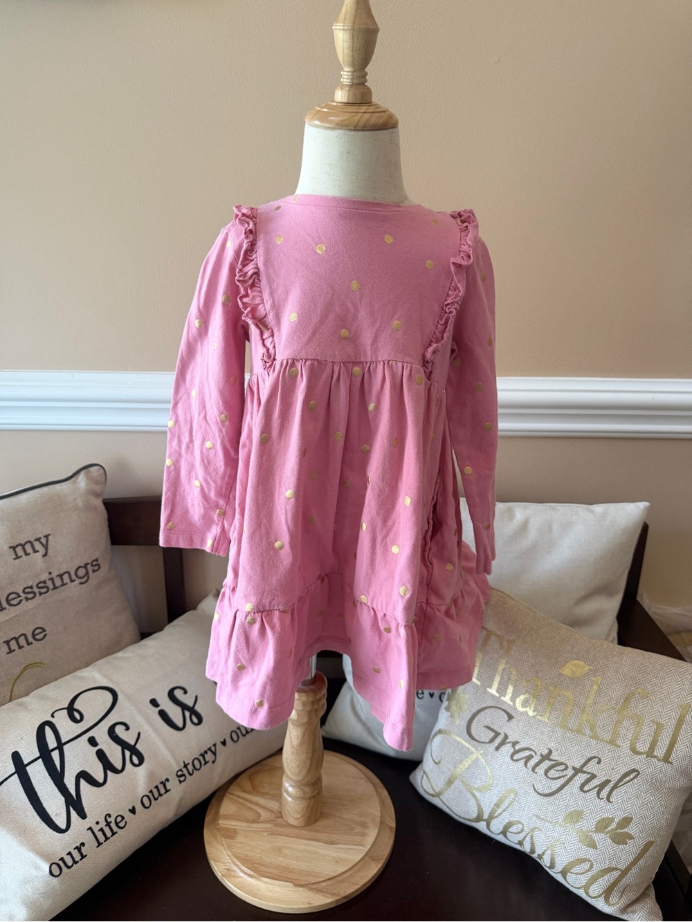 Mini Boden Pink Long-Sleeve Dress with Gold Dots